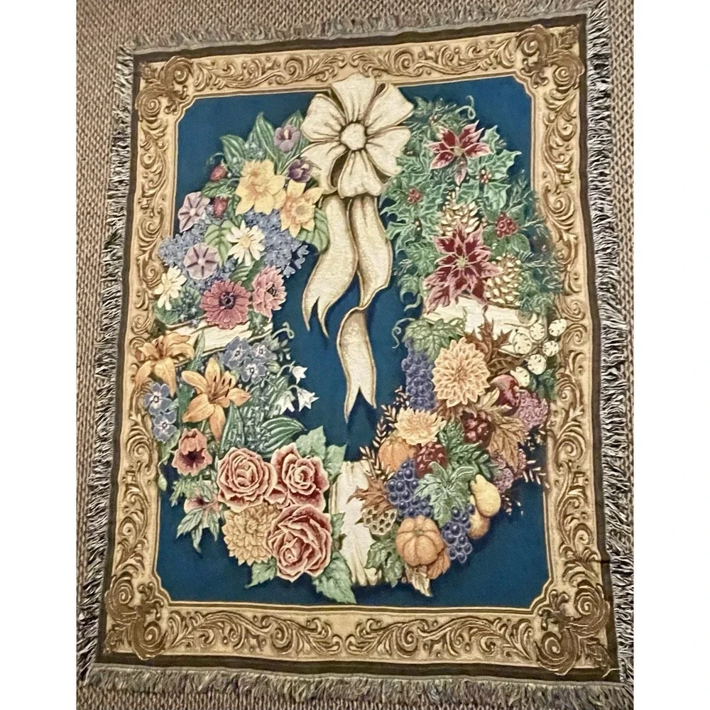 Vtg. Woven Tapestry Floral Throw Blanket 50